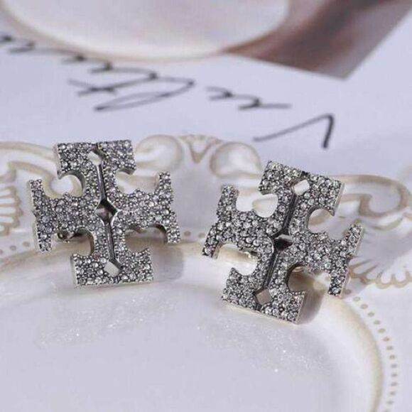 NWOT Tory Burch Silver T Logo Large  Crystal Clip-On Earrings - Picture 1 of 5
